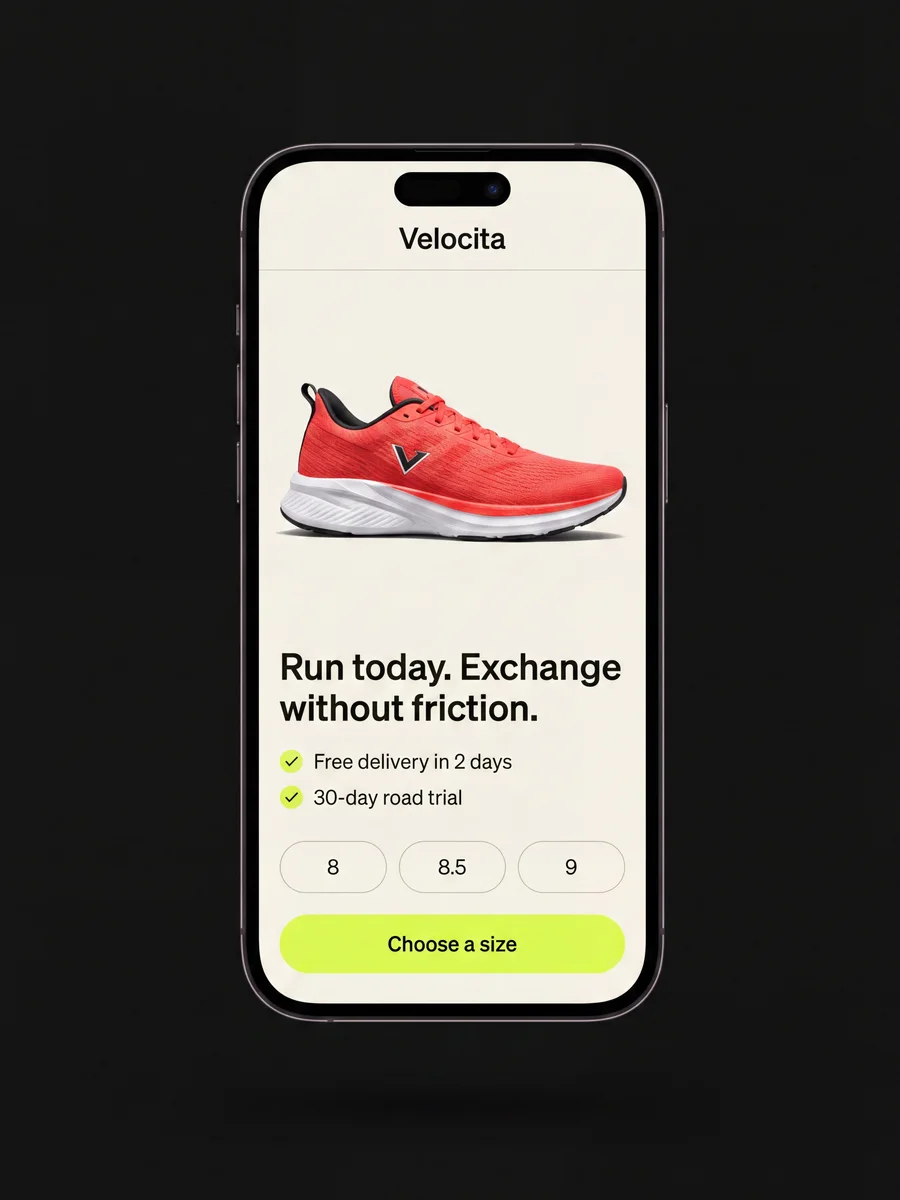 A Velocita product screen for a first-time visitor, leading with free delivery in 2 days and a 30-day road trial above the size selector