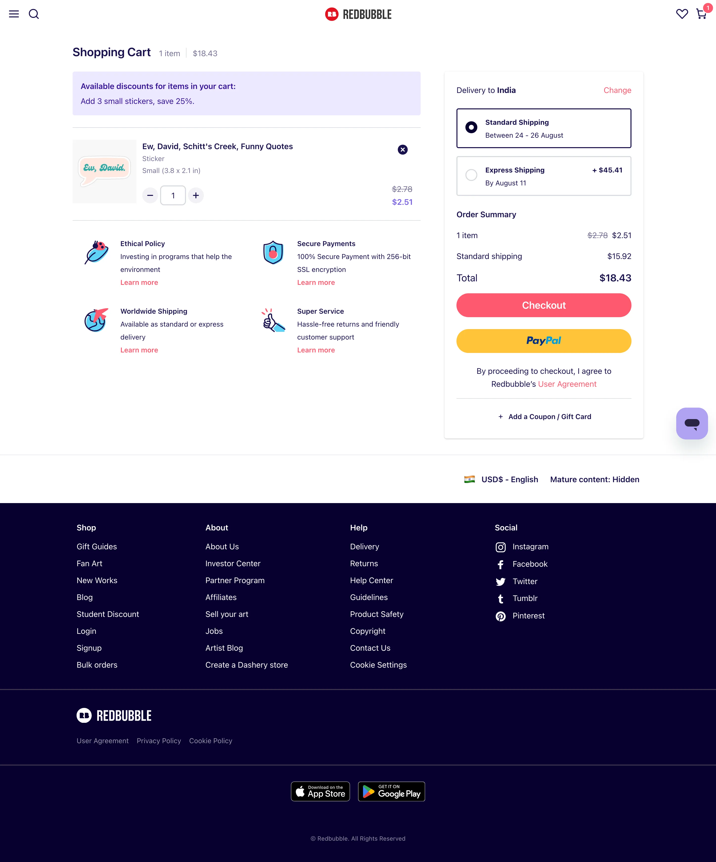 Cart — shipping revealed, destination India, cropped to the region this finding measures